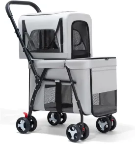 2 Layers pet Stroller for Dogs and Cats,4 Wheels pet pram cart with mesh Window and Door,Foldable pet Trolley with Detachable Cabin Bag,Swivel Front Wheel,Rear Wheel with Foot Brakes