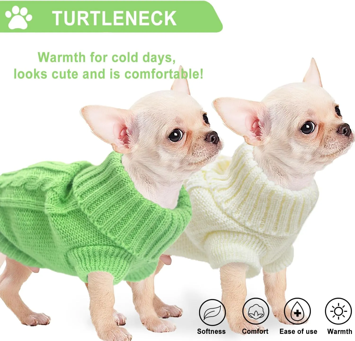 2 Pieces Turtleneck Sweaters for Small Dogs, Fall Winter Warm Knitted Puppy Cat Clothes, Pet Sweater for Girls Boys, Teacup, Chihuahua, Yorkie, Green, White, XXS