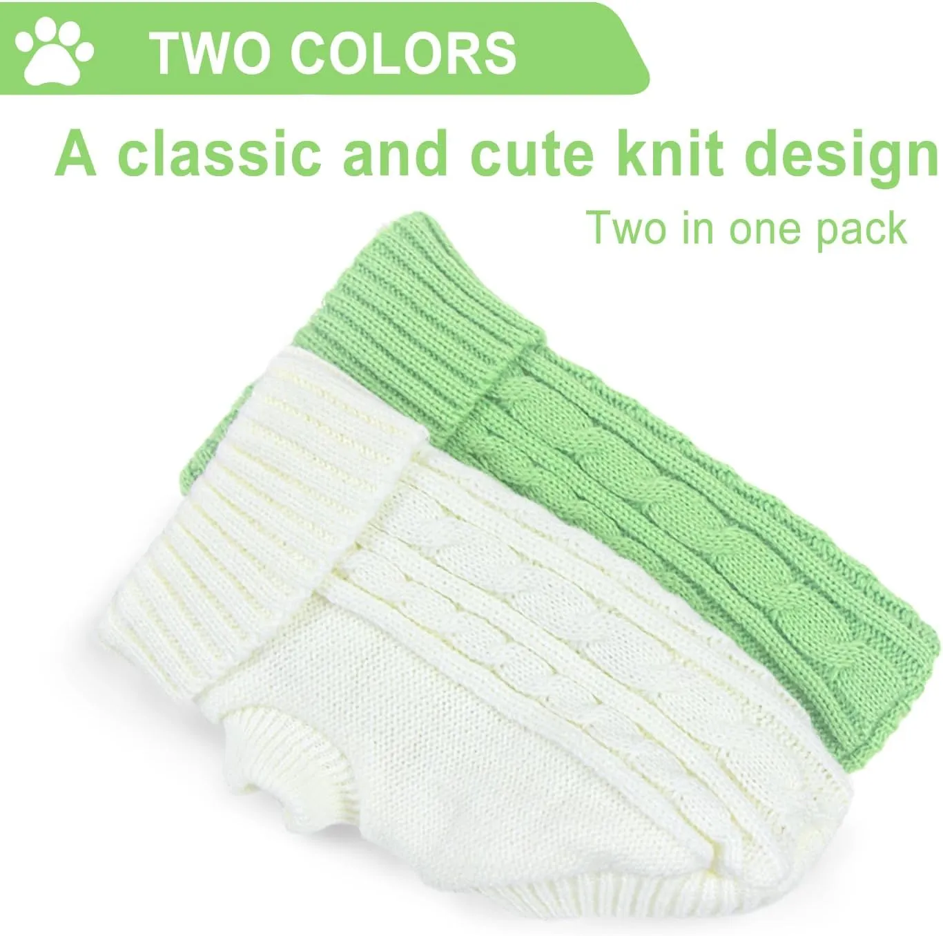 2 Pieces Turtleneck Sweaters for Small Dogs, Fall Winter Warm Knitted Puppy Cat Clothes, Pet Sweater for Girls Boys, Teacup, Chihuahua, Yorkie, Green, White, XXS