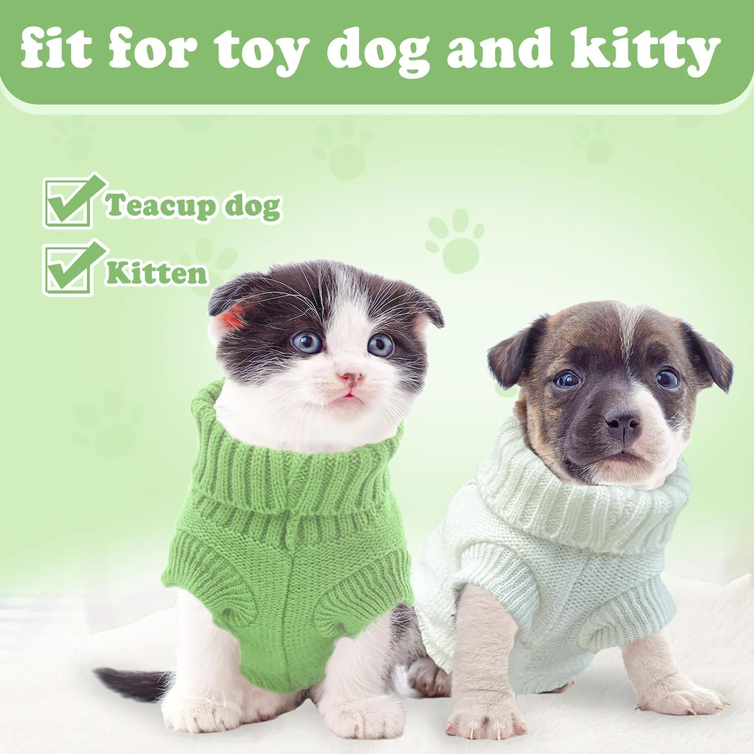 2 Pieces Turtleneck Sweaters for Small Dogs, Fall Winter Warm Knitted Puppy Cat Clothes, Pet Sweater for Girls Boys, Teacup, Chihuahua, Yorkie, Green, White, XXS