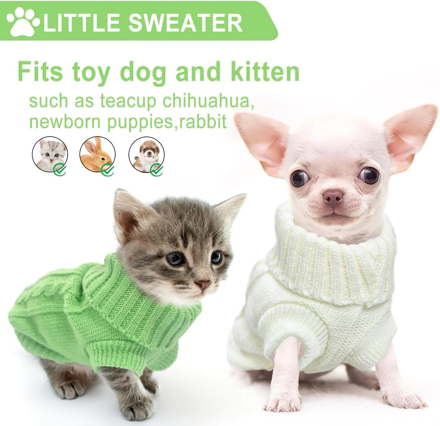 2 Pieces Turtleneck Sweaters for Small Dogs, Fall Winter Warm Knitted Puppy Cat Clothes, Pet Sweater for Girls Boys, Teacup, Chihuahua, Yorkie, Green, White, XXS
