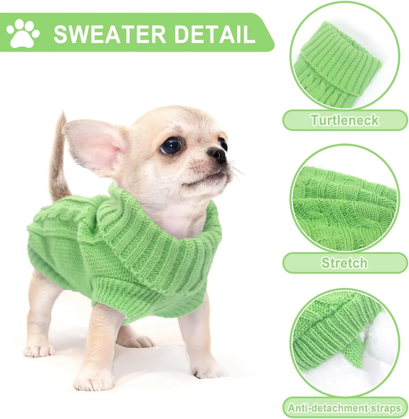 2 Pieces Turtleneck Sweaters for Small Dogs, Fall Winter Warm Knitted Puppy Cat Clothes, Pet Sweater for Girls Boys, Teacup, Chihuahua, Yorkie, Green, White, XXS