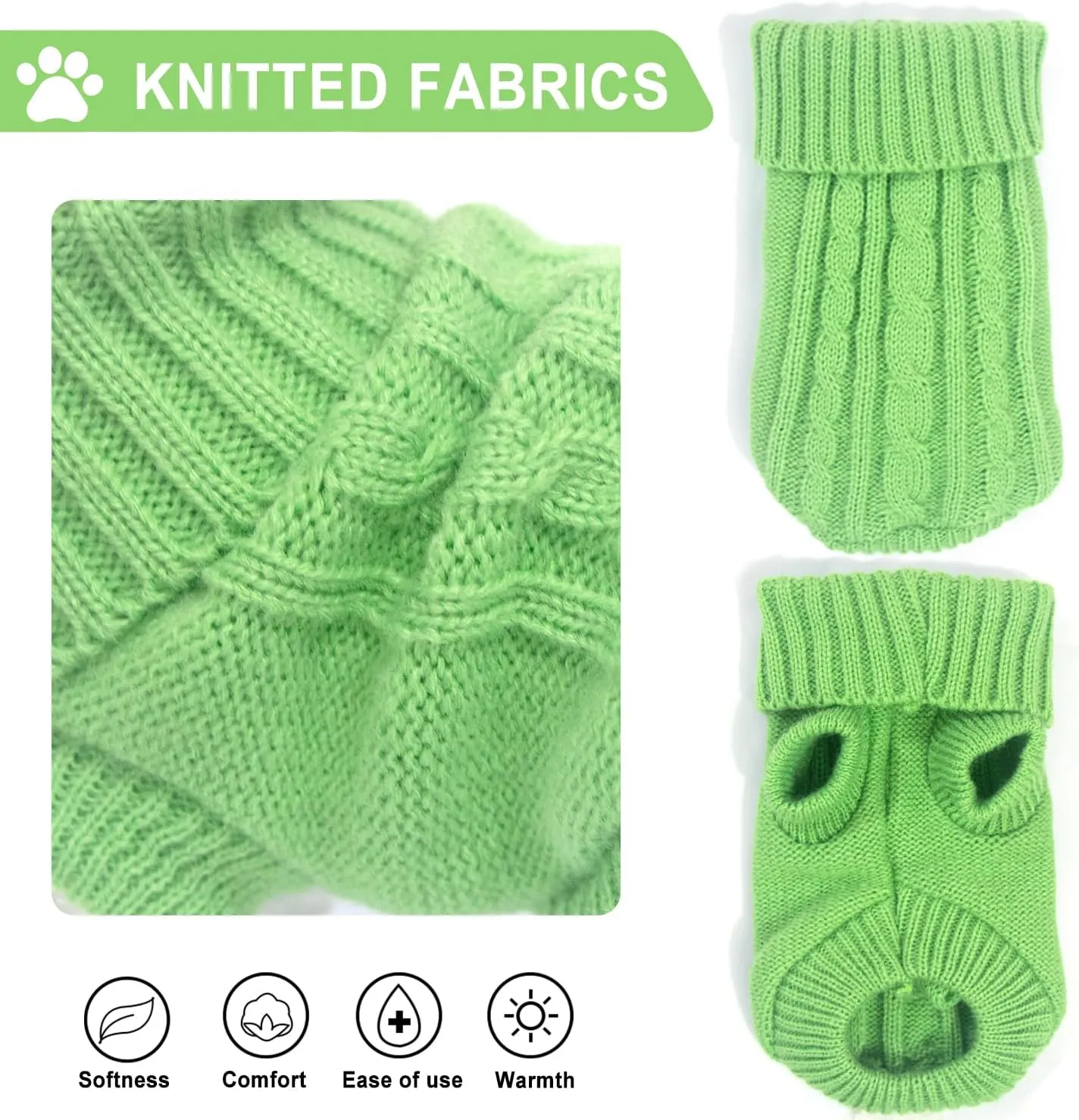 2 Pieces Turtleneck Sweaters for Small Dogs, Fall Winter Warm Knitted Puppy Cat Clothes, Pet Sweater for Girls Boys, Teacup, Chihuahua, Yorkie, Green, White, XXS