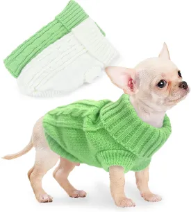 2 Pieces Turtleneck Sweaters for Small Dogs, Fall Winter Warm Knitted Puppy Cat Clothes, Pet Sweater for Girls Boys, Teacup, Chihuahua, Yorkie, Green, White, XXS