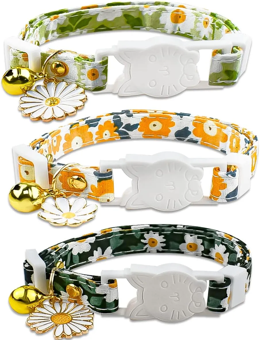 3 Pack Floral Cat Collars with Bell - Adjustable Breakaway Safety Set - Flower Charms - Daisy Pattern - Spring