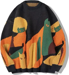 Aelfric Eden Graphic Sweaters Color Blocking Cat Sweater Vintage Oversized Crewneck Knit Pullover Christmas Tops