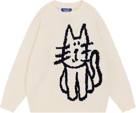 Aelfric Eden Women's Pullover Sweater Hand Drawn Cat Graphic Printed Oversized Sweater Fall Winter Fashion Couple Tops