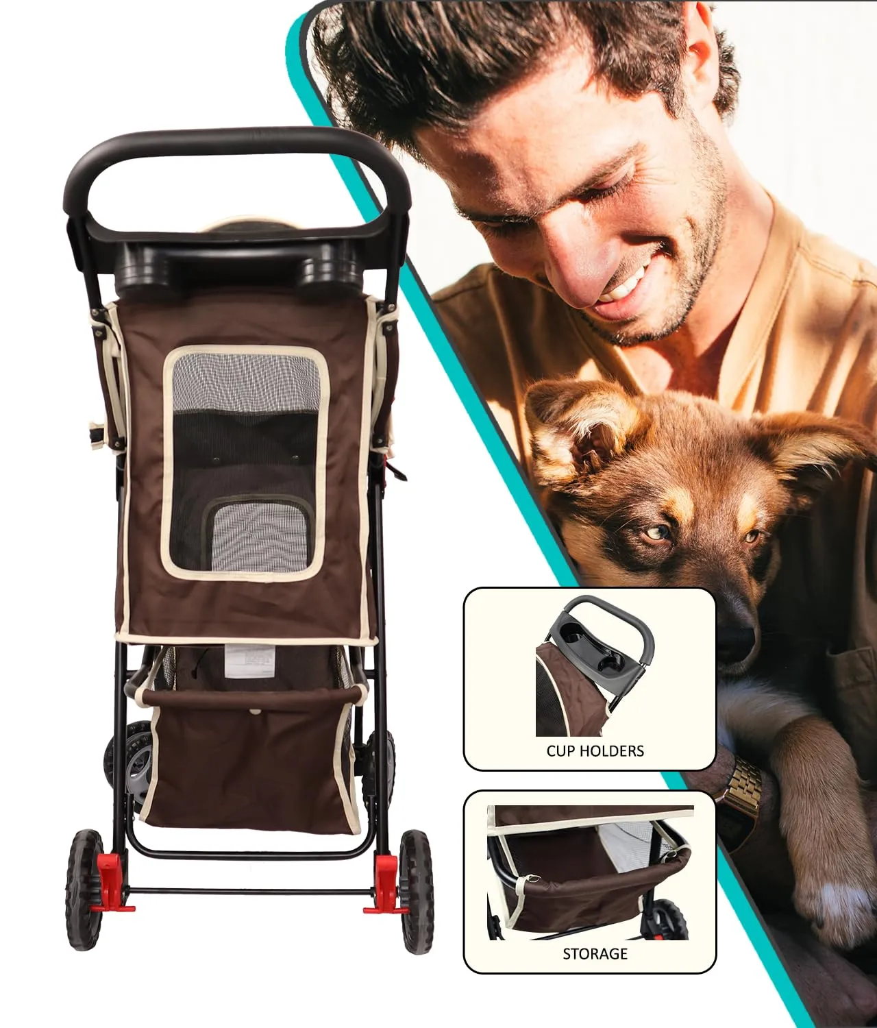 AmorosO 4 Wheels Pet Convenient Stroller | Portable Jogger Stroller for Small Medium Dogs Cats | Travel Folding Puppy Carrier Waterproof with Storage Basket (Brown/White)