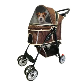 AmorosO 4 Wheels Pet Convenient Stroller | Portable Jogger Stroller for Small Medium Dogs Cats | Travel Folding Puppy Carrier Waterproof with Storage Basket (Brown/White)