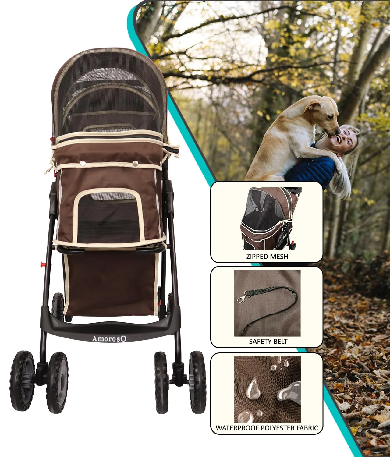 AmorosO 4 Wheels Pet Convenient Stroller | Portable Jogger Stroller for Small Medium Dogs Cats | Travel Folding Puppy Carrier Waterproof with Storage Basket (Brown/White)