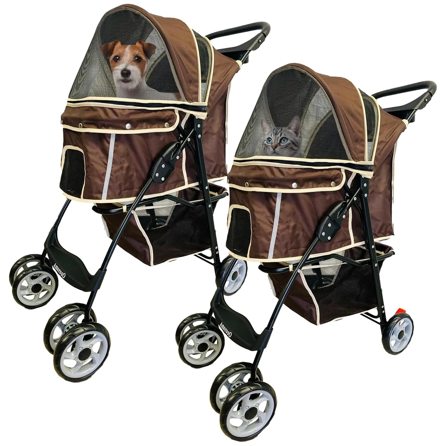 AmorosO 4 Wheels Pet Convenient Stroller | Portable Jogger Stroller for Small Medium Dogs Cats | Travel Folding Puppy Carrier Waterproof with Storage Basket (Brown/White)