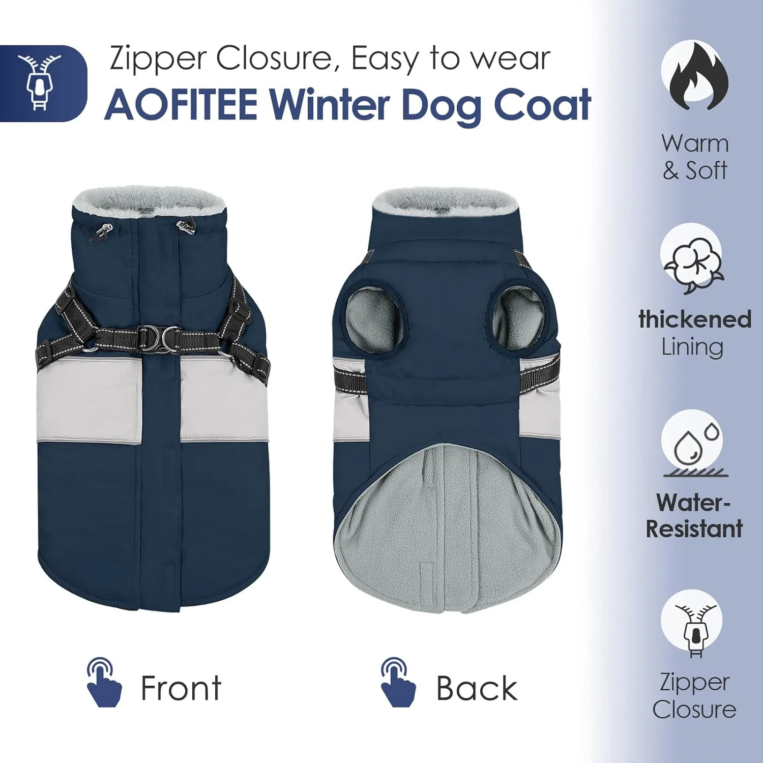 AOFITEE Small Dog Coat, Dog Winter Coat, Dog Coat with Harness Built in, Warm Dog Jacket with Zipper & Fleece Collar, Waterproof Dog Puffer Jacket Dog Sweater for Small Dogs, Chihuahua Yorkshire, Blue