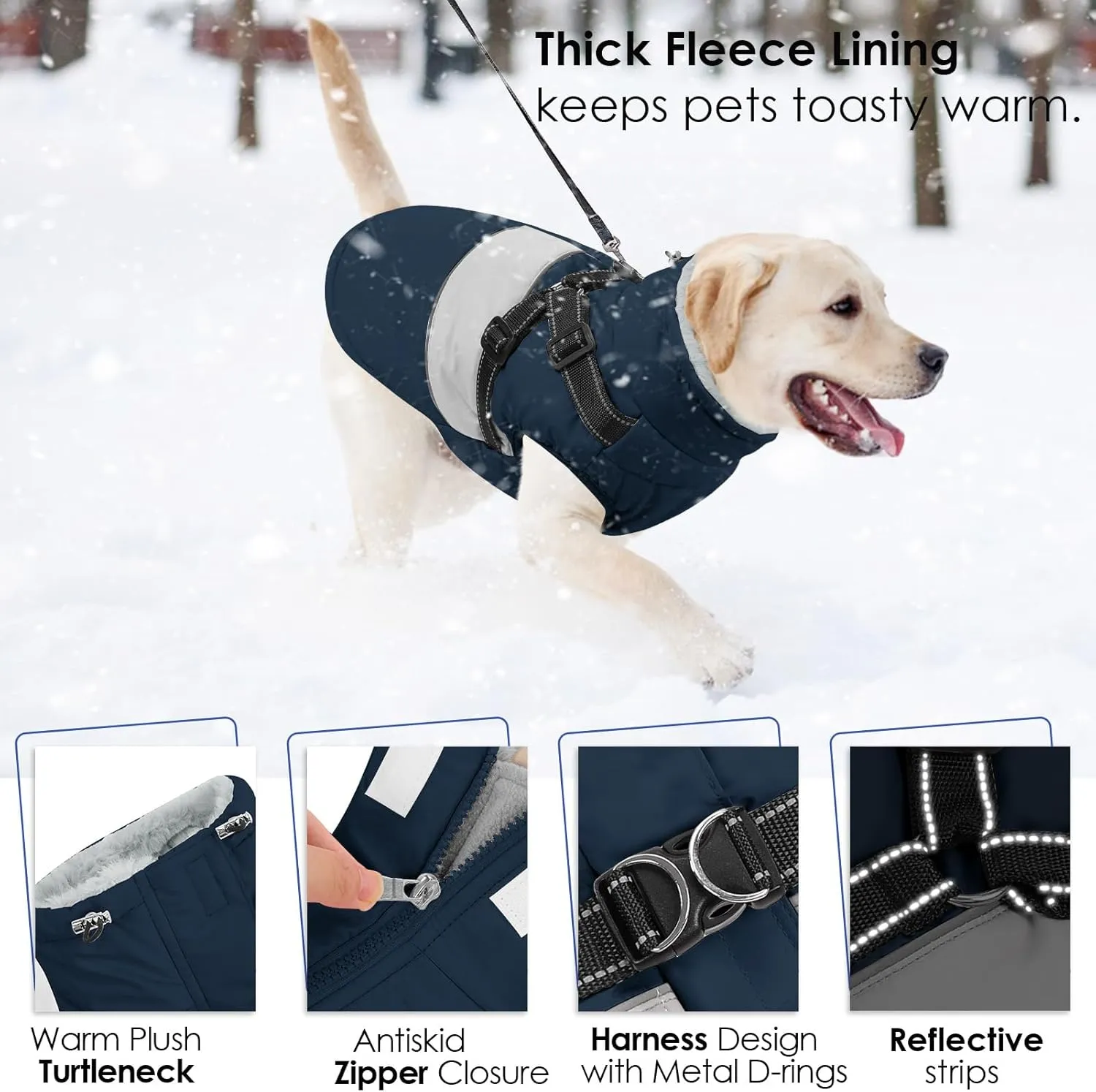 AOFITEE Small Dog Coat, Dog Winter Coat, Dog Coat with Harness Built in, Warm Dog Jacket with Zipper & Fleece Collar, Waterproof Dog Puffer Jacket Dog Sweater for Small Dogs, Chihuahua Yorkshire, Blue
