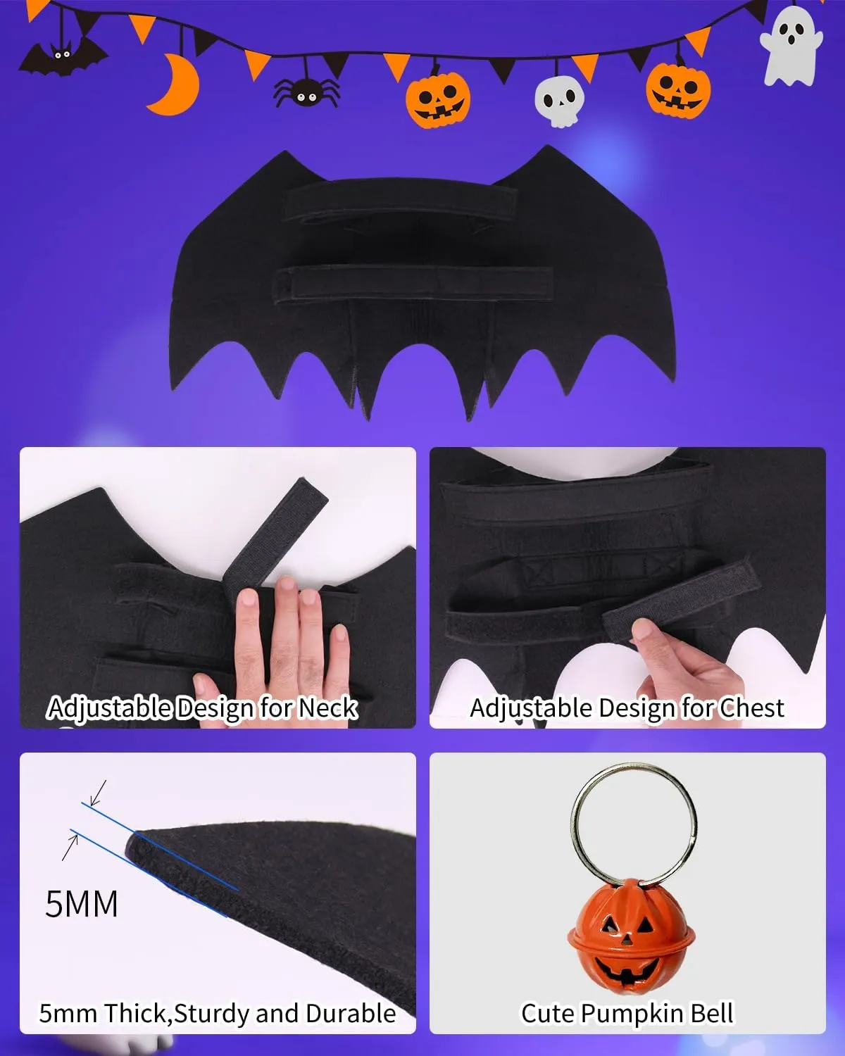 Bat Wings Halloween Costume for Large Dogs - Pumpkin Bell Pet Cosplay Party Dress Up (L)