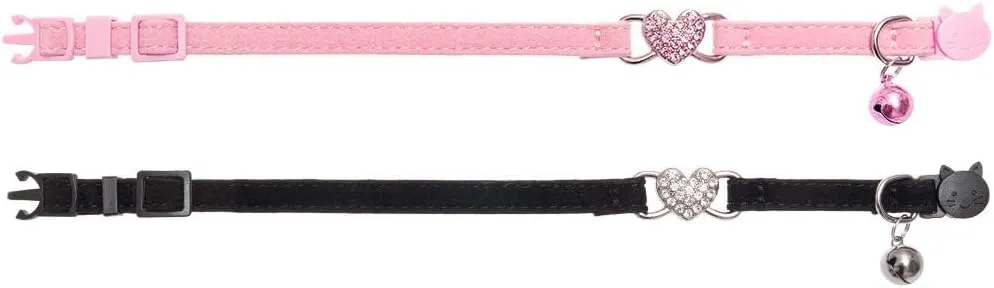 BINGPET Cat Collar Breakaway with Bell, Pack of 2 Heart Bling Collar Safety with Soft Velvet Adjustable for Kittens