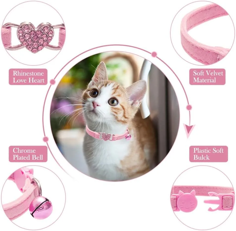 BINGPET Cat Collar Breakaway with Bell, Pack of 2 Heart Bling Collar Safety with Soft Velvet Adjustable for Kittens