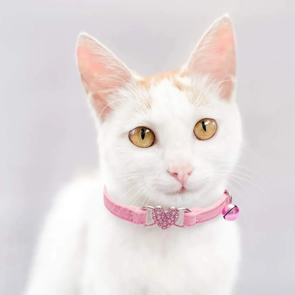 BINGPET Cat Collar Breakaway with Bell, Pack of 2 Heart Bling Collar Safety with Soft Velvet Adjustable for Kittens
