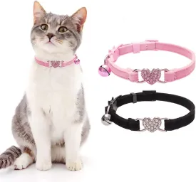 BINGPET Cat Collar Breakaway with Bell, Pack of 2 Heart Bling Collar Safety with Soft Velvet Adjustable for Kittens