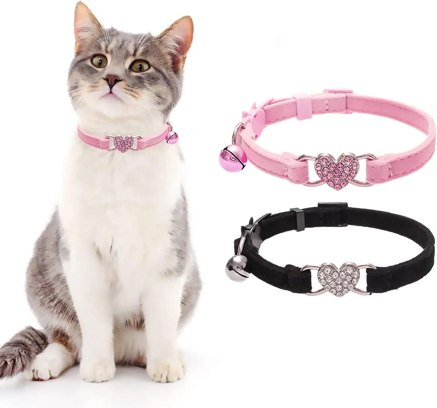 BINGPET Cat Collar Breakaway with Bell, Pack of 2 Heart Bling Collar Safety with Soft Velvet Adjustable for Kittens