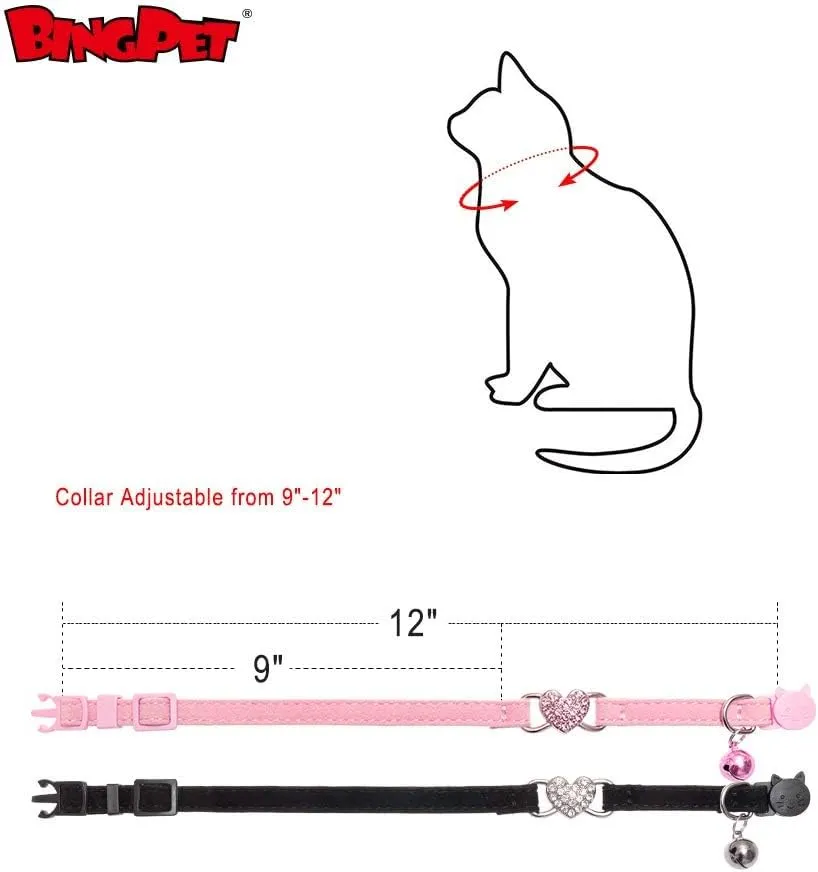 BINGPET Cat Collar Breakaway with Bell, Pack of 2 Heart Bling Collar Safety with Soft Velvet Adjustable for Kittens