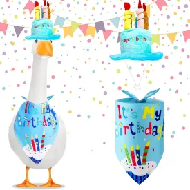 Birthday Goose Outfit Set for Porch/Yard Decor: Adjustable Cake Hat & Bandana with Blue Bib, Fits 23 & 17Cement/Plastic Geese