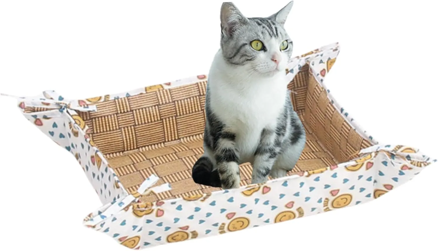 Cat Mat, Cat Nest Bed and Cat Hammock 3 in 1 Foldable Waterproof and Comfortable Pet Cage Mat with Straps Cute Pattern Four Seasons Washable Pet Cooling Mat for Cats and Puppies (Yellow,Small)