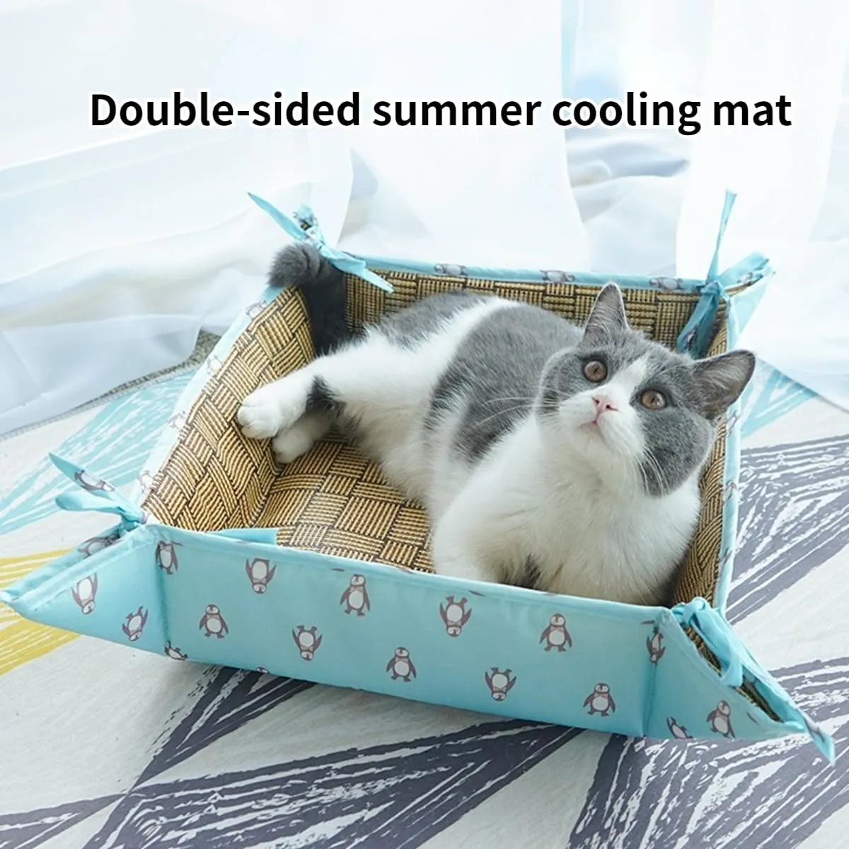 Cat Mat, Cat Nest Bed and Cat Hammock 3 in 1 Foldable Waterproof and Comfortable Pet Cage Mat with Straps Cute Pattern Four Seasons Washable Pet Cooling Mat for Cats and Puppies (Yellow,Small)
