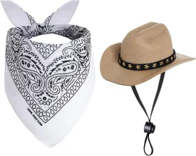 choyaxo Halloween Costumes for Dogs Cat Pet Cowboy Costume Cowboy Hat with Bandana Set for Halloween, Christmas, Holiday, Party, Cosplay (Khaki, Small)