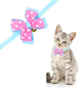 Dagslys Cat Collar with Bell Adjustable Pet Collar Breakaway Sky Blue Pink White Dots Spots Bow Tie Collar Grosgrain Ribbon Leather Kitten Cat Collar for Cats Pets Small Animals Costume Accessories