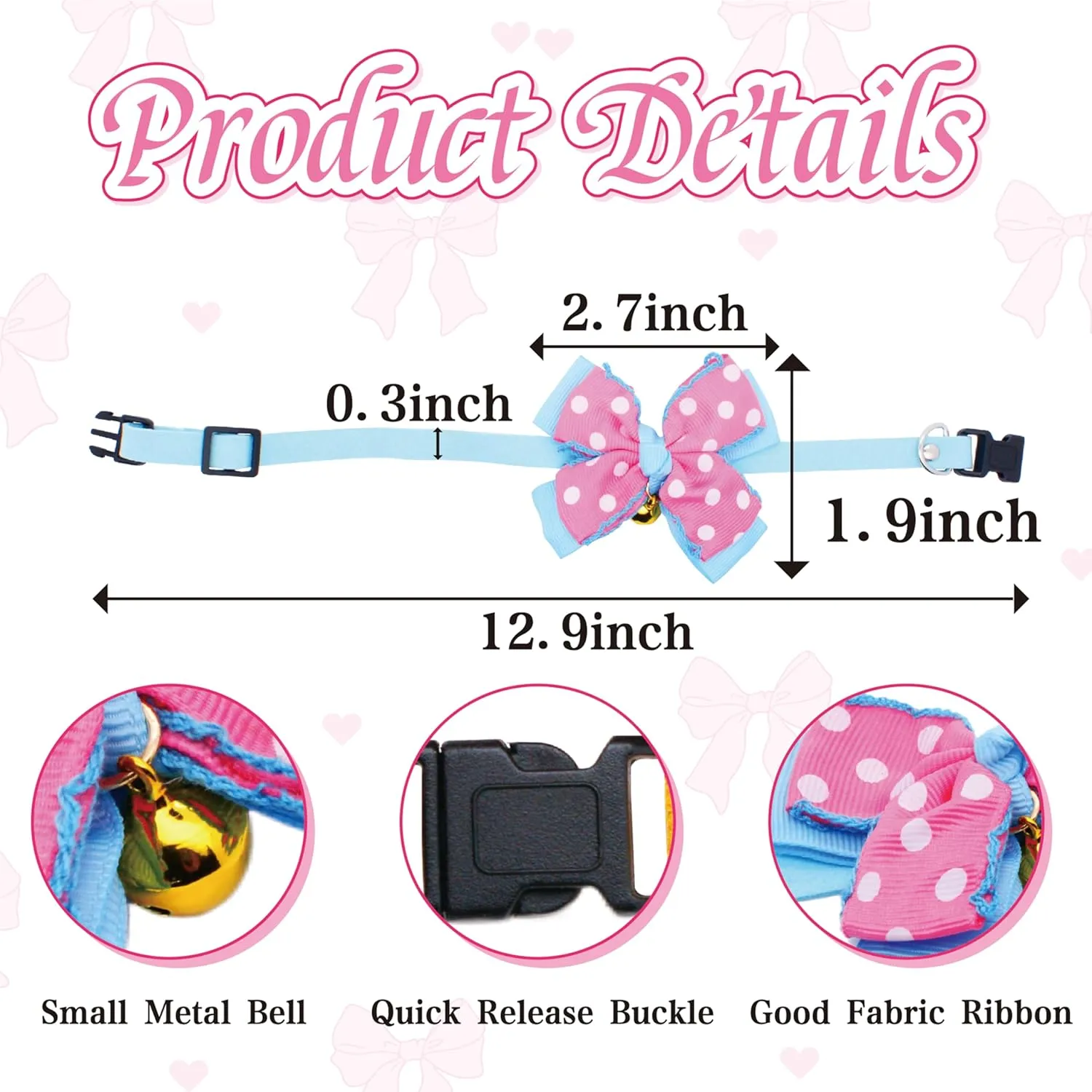 Dagslys Cat Collar with Bell Adjustable Pet Collar Breakaway Sky Blue Pink White Dots Spots Bow Tie Collar Grosgrain Ribbon Leather Kitten Cat Collar for Cats Pets Small Animals Costume Accessories
