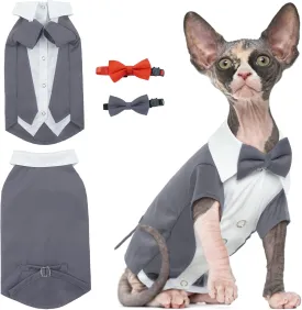 DENTRUN Cat Tuxedo Suit with Two Bow Tie, Stylish Cat Shirt Formal Outfit, Hairless Cat Fashion Apparel Fancy Clothes, Kitten Formal Attire Wedding Onesie Costume for Cats Only