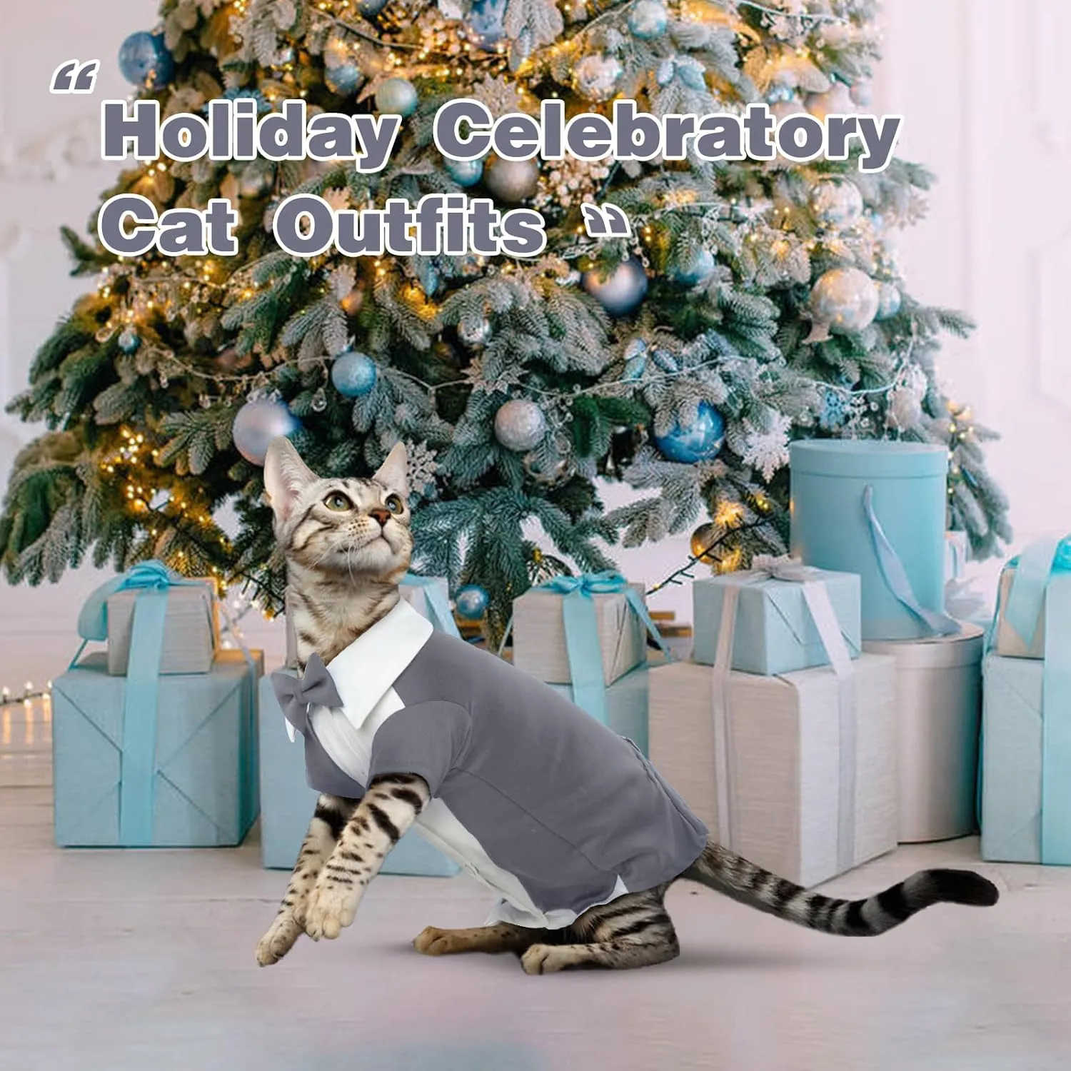 DENTRUN Cat Tuxedo Suit with Two Bow Tie, Stylish Cat Shirt Formal Outfit, Hairless Cat Fashion Apparel Fancy Clothes, Kitten Formal Attire Wedding Onesie Costume for Cats Only