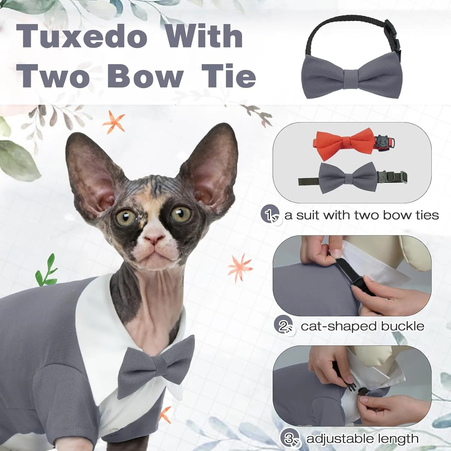DENTRUN Cat Tuxedo Suit with Two Bow Tie, Stylish Cat Shirt Formal Outfit, Hairless Cat Fashion Apparel Fancy Clothes, Kitten Formal Attire Wedding Onesie Costume for Cats Only