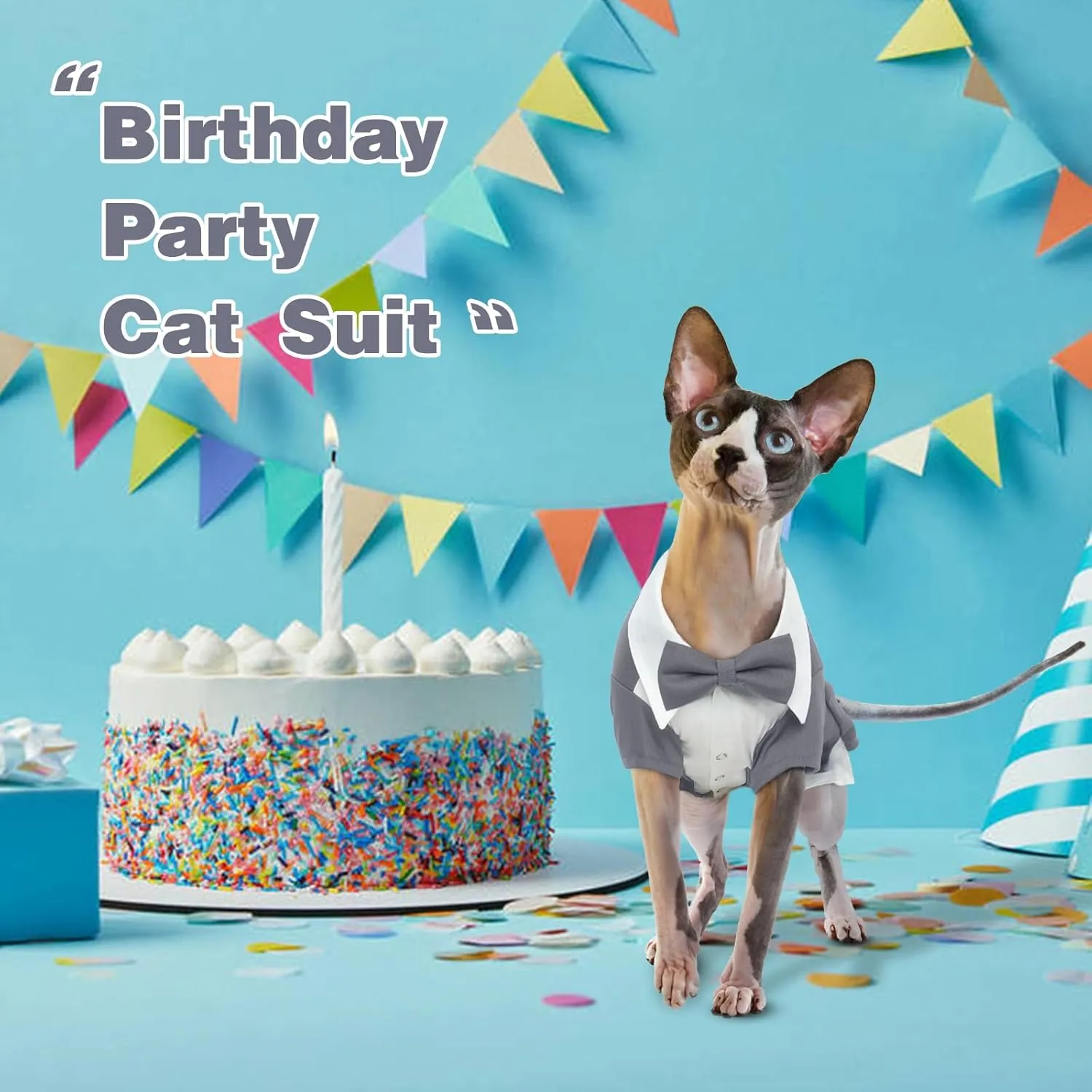 DENTRUN Cat Tuxedo Suit with Two Bow Tie, Stylish Cat Shirt Formal Outfit, Hairless Cat Fashion Apparel Fancy Clothes, Kitten Formal Attire Wedding Onesie Costume for Cats Only
