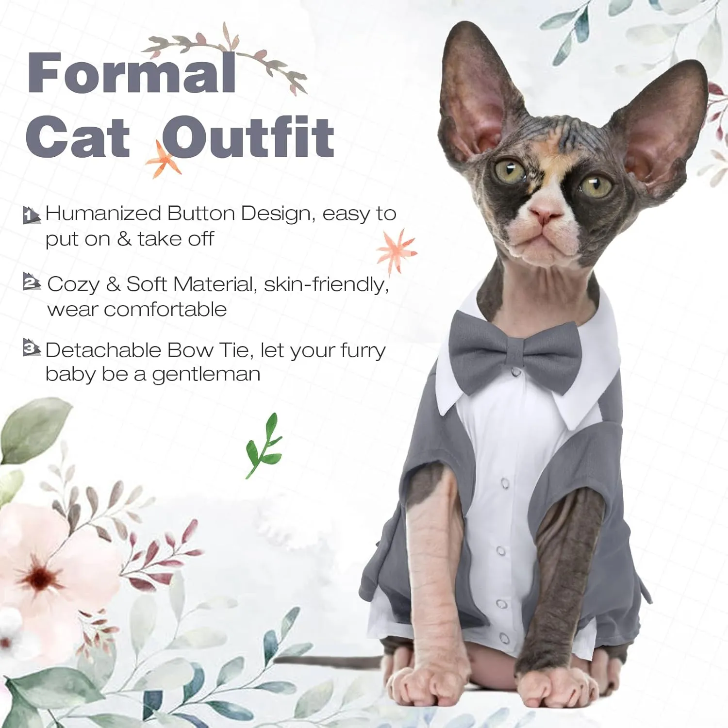 DENTRUN Cat Tuxedo Suit with Two Bow Tie, Stylish Cat Shirt Formal Outfit, Hairless Cat Fashion Apparel Fancy Clothes, Kitten Formal Attire Wedding Onesie Costume for Cats Only