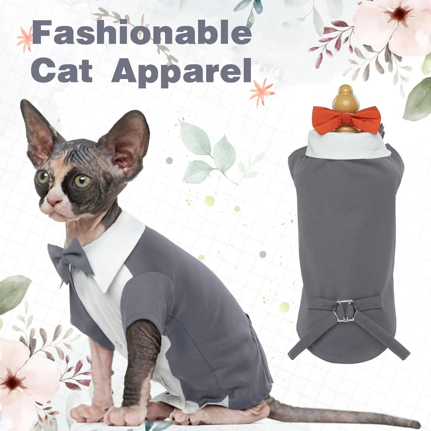 DENTRUN Cat Tuxedo Suit with Two Bow Tie, Stylish Cat Shirt Formal Outfit, Hairless Cat Fashion Apparel Fancy Clothes, Kitten Formal Attire Wedding Onesie Costume for Cats Only