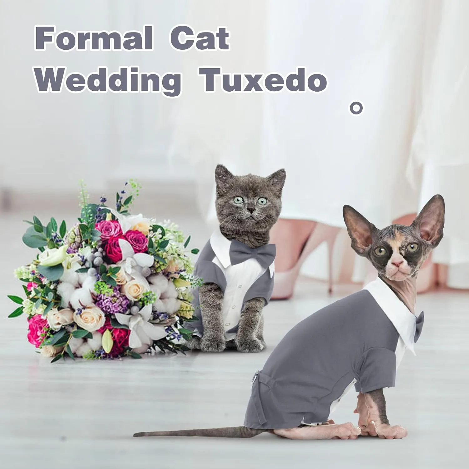 DENTRUN Cat Tuxedo Suit with Two Bow Tie, Stylish Cat Shirt Formal Outfit, Hairless Cat Fashion Apparel Fancy Clothes, Kitten Formal Attire Wedding Onesie Costume for Cats Only