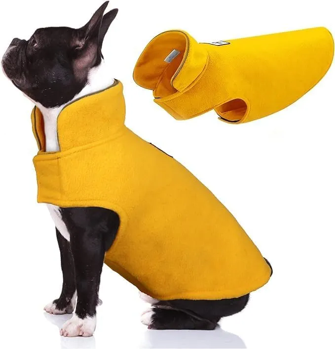 DENTRUN Windproof Winter Warm Fleece Large Dog Coat Reversible Puppy Jacket Reflective Soft Pet Vest, Cold Weather Dog Sweater Apparel Leash Access Overcoat for Large Breeds, Yellow, XL