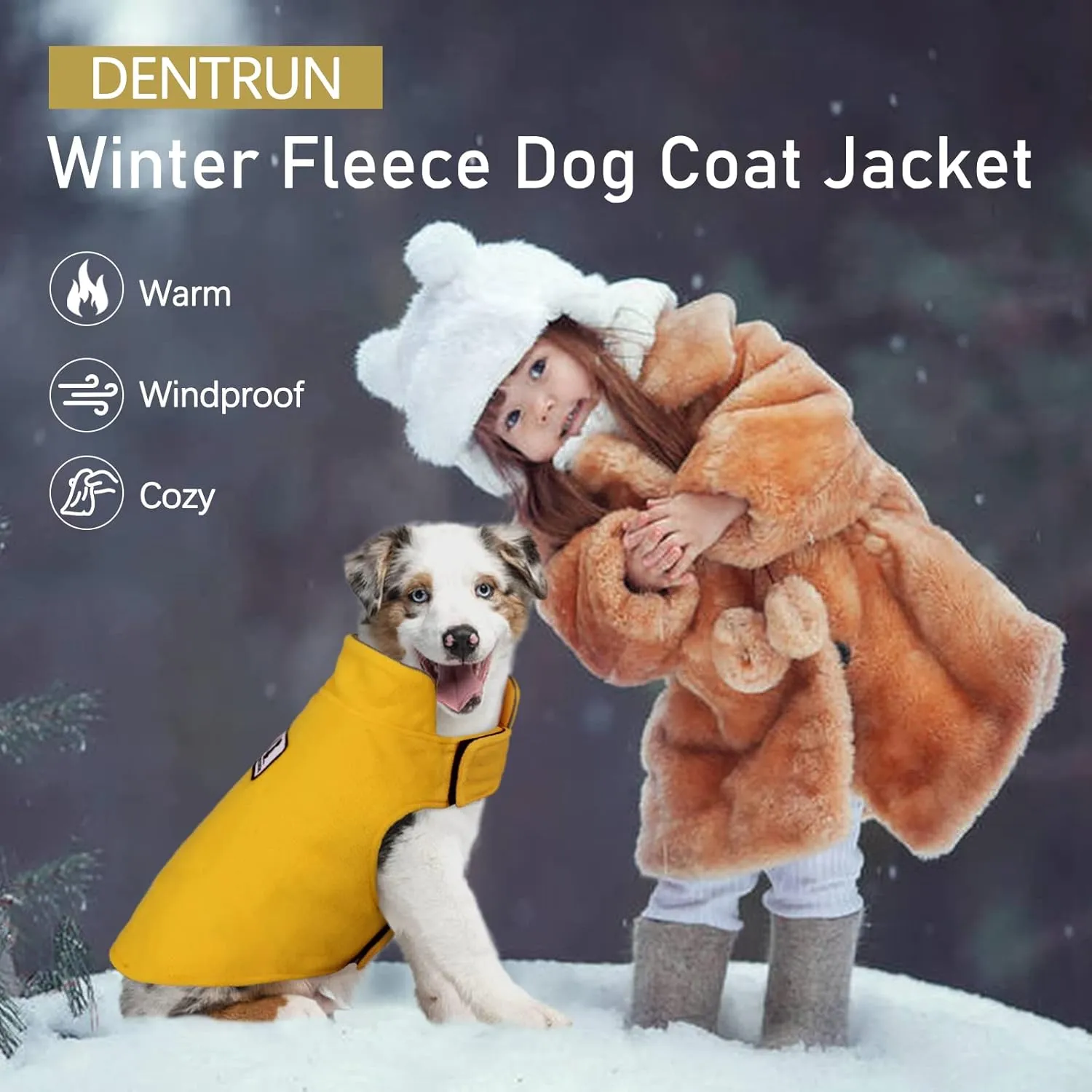 DENTRUN Windproof Winter Warm Fleece Medium Dog Coat Reversible Puppy Jacket Reflective Soft Pet Vest, Cold Weather Dog Sweater Apparel Leash Access Overcoat for Medium Breeds, Yellow, M