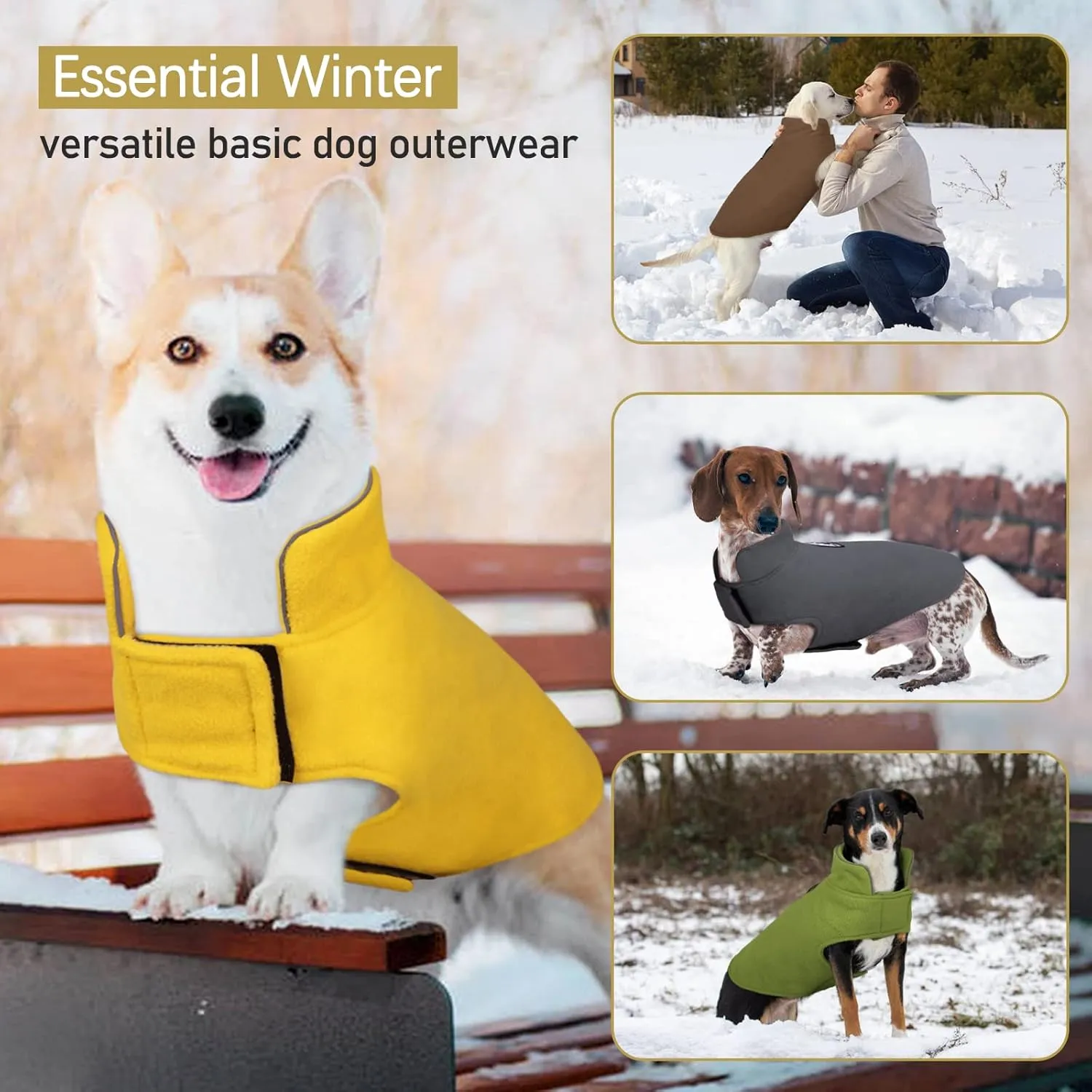 DENTRUN Windproof Winter Warm Fleece Medium Dog Coat Reversible Puppy Jacket Reflective Soft Pet Vest, Cold Weather Dog Sweater Apparel Leash Access Overcoat for Medium Breeds, Yellow, M