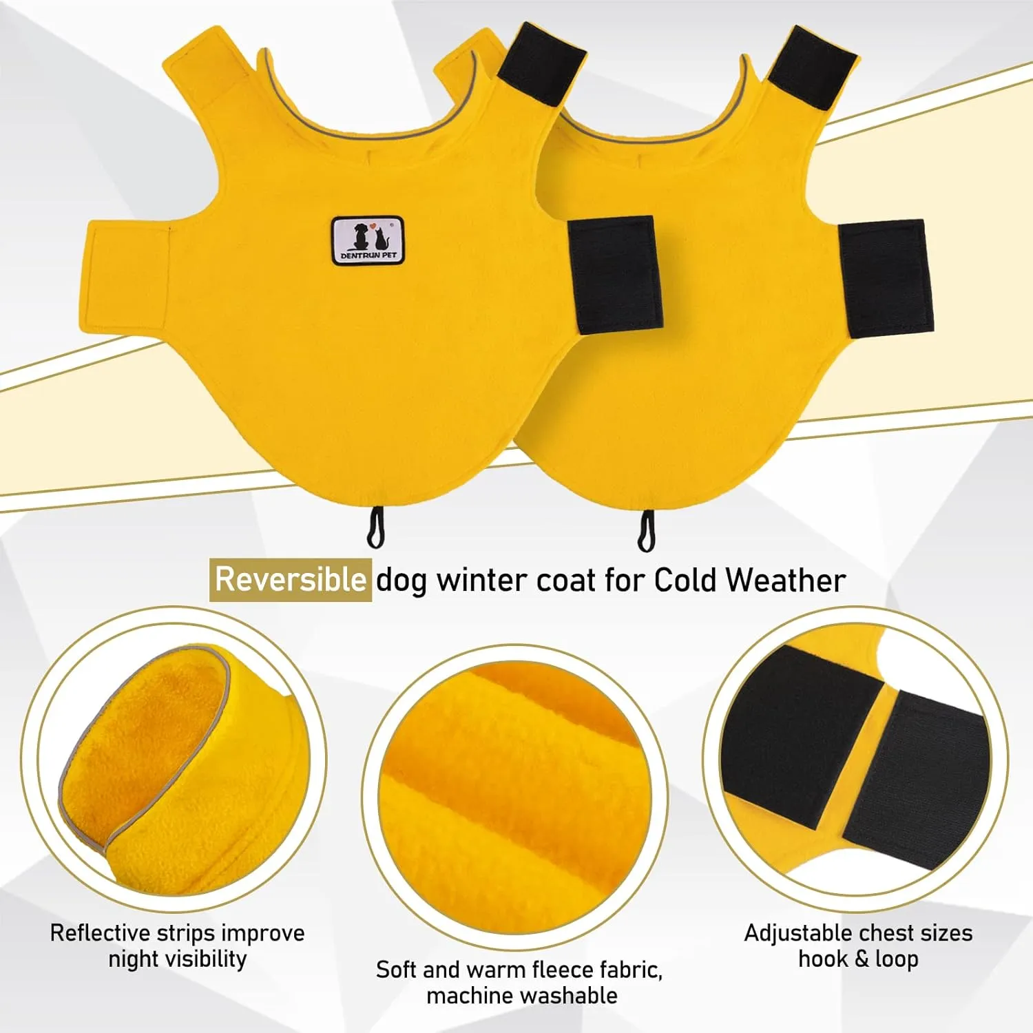 DENTRUN Windproof Winter Warm Fleece Medium Dog Coat Reversible Puppy Jacket Reflective Soft Pet Vest, Cold Weather Dog Sweater Apparel Leash Access Overcoat for Medium Breeds, Yellow, M