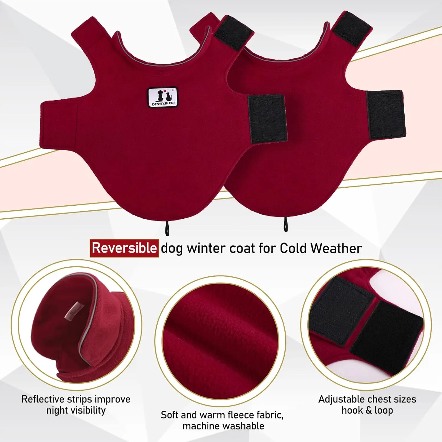 DENTRUN Windproof Winter Warm Fleece Small Dog Coat Reversible Puppy Jacket Reflective Soft Pet Vest, Cold Weather Dog Sweater Apparel Leash Access Overcoat for Small Breeds, Burgundy, XS