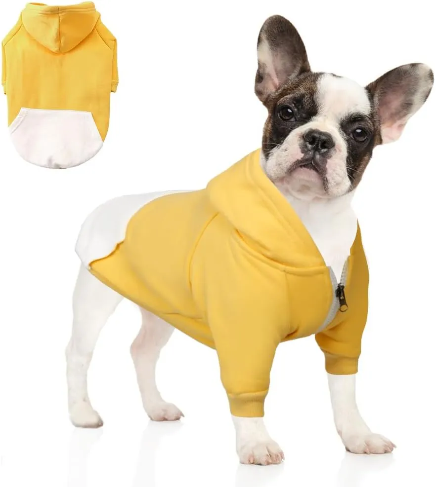 Dog Clothes Hoodies Pet Cat Warm Soft Cotton Zipper Sweater Coat French Bulldog Pug Dogs (S, Yellow)