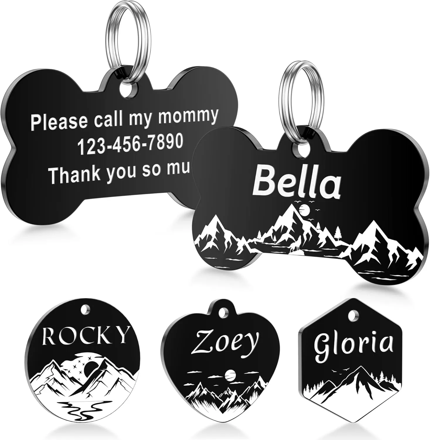 Dog Tags Stainless Steel Pet Tags Personalized Double-Sided Engraved Dog and Cat Tags Custom Pet Name ID Tag with Mountain Design,Bone