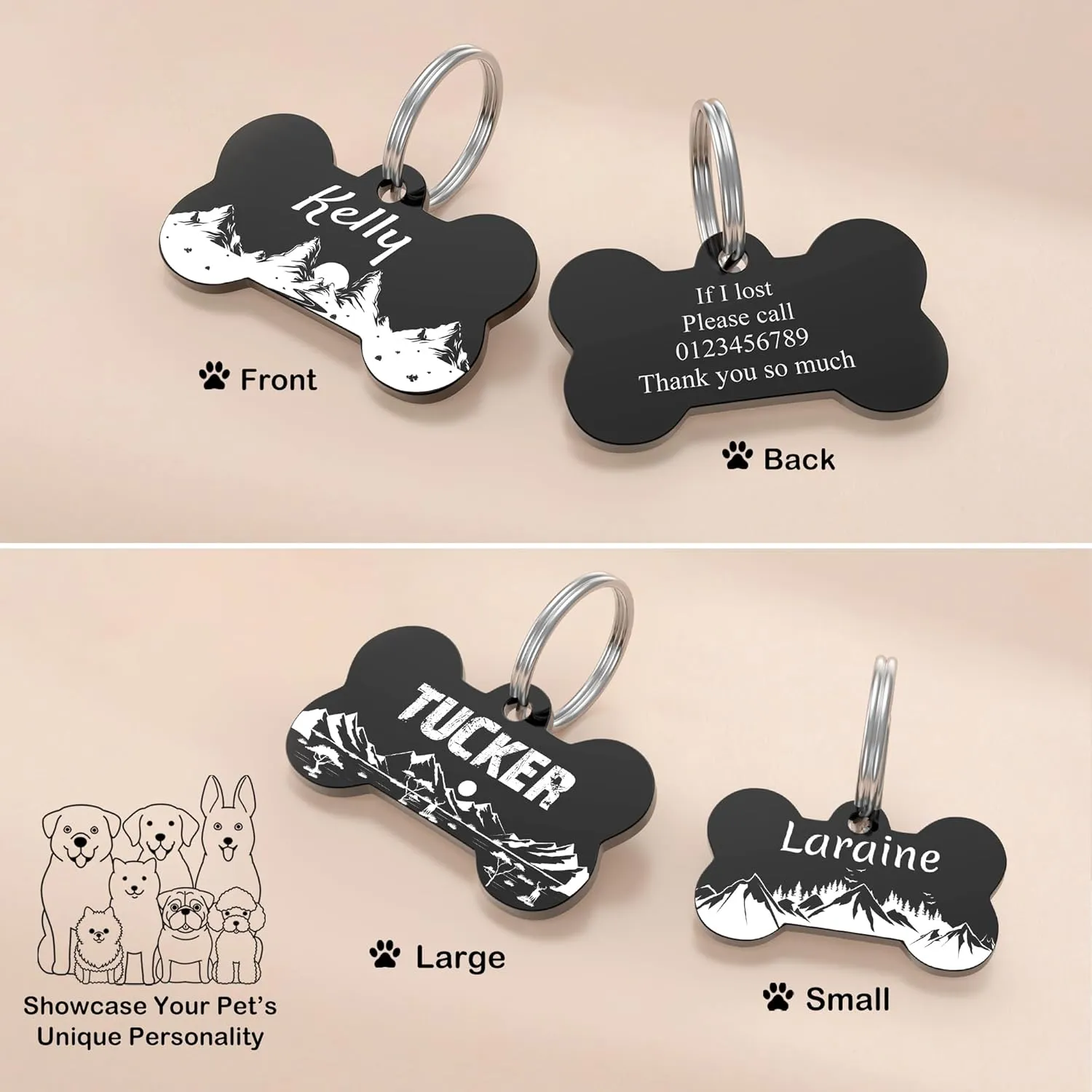 Dog Tags Stainless Steel Pet Tags Personalized Double-Sided Engraved Dog and Cat Tags Custom Pet Name ID Tag with Mountain Design,Bone
