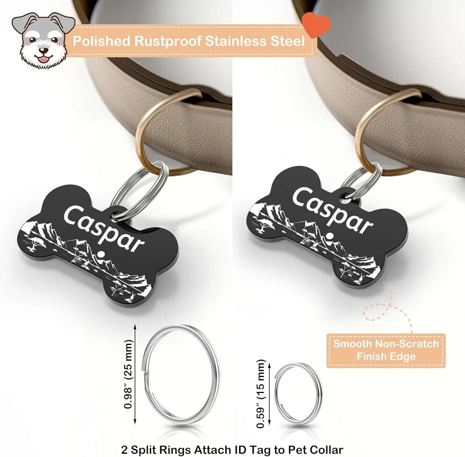 Dog Tags Stainless Steel Pet Tags Personalized Double-Sided Engraved Dog and Cat Tags Custom Pet Name ID Tag with Mountain Design,Bone
