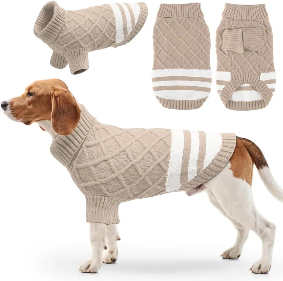 EMUST Sweater for Medium Large Dogs Boy Girl, Cute Pet Sweater with Turtleneck & Sleeve, Cold Weather Warm Elastic Pullover Knitwear Dog Sweaters, Thick Dog Winter Clothes, Indoor & Outdoor, Khaki L