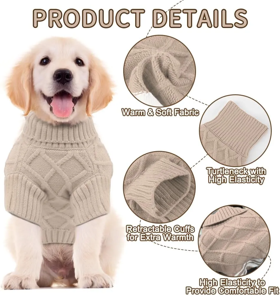 EMUST Sweater for Medium Large Dogs Boy Girl, Cute Pet Sweater with Turtleneck & Sleeve, Cold Weather Warm Elastic Pullover Knitwear Dog Sweaters, Thick Dog Winter Clothes, Indoor & Outdoor, Khaki L