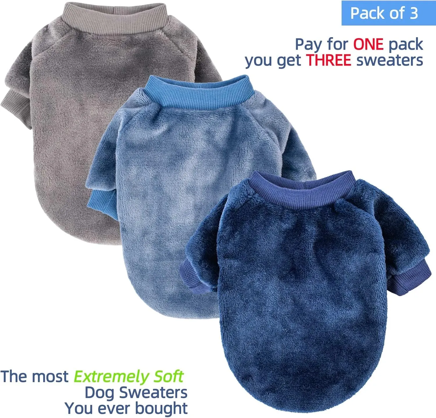FabriCastle Dog Sweater, 3-Pack Dog & Cat Clothes, Ultra Soft and Warm Pet Jackets XXS XS for Small Dogs Boy & Girl, Winter Pet Apparel Costumes, Puppy Outfits (Grey,Blue,Dark Blue, Small)
