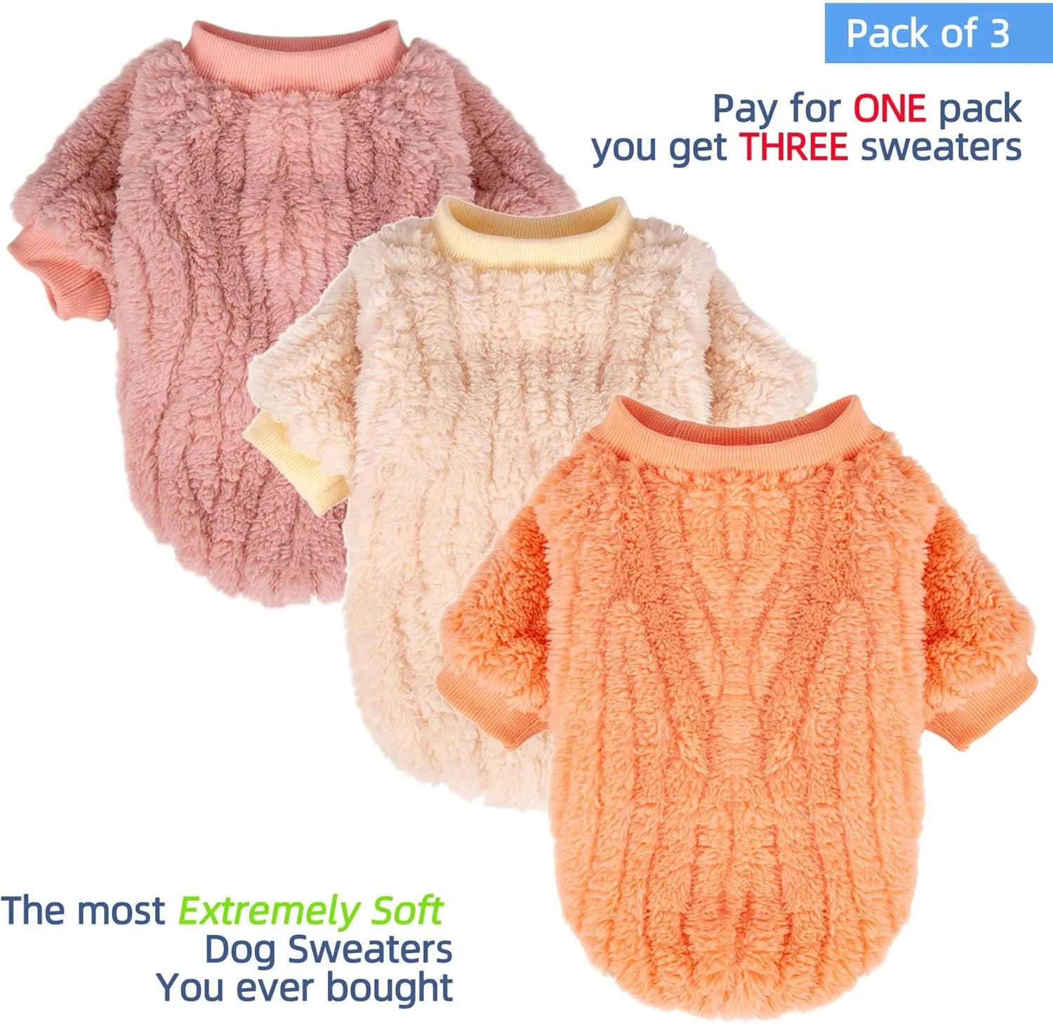 FabriCastle Dog Sweater, 3-Pack Dog Clothes, Ultra Soft and Warm Pet Jackets XXS XS for Small Dogs Girl & Cats, Winter Pet Apparel Costumes, Puppy Outfits for Christmas (Ivory,Pink,Coral, X-Small)